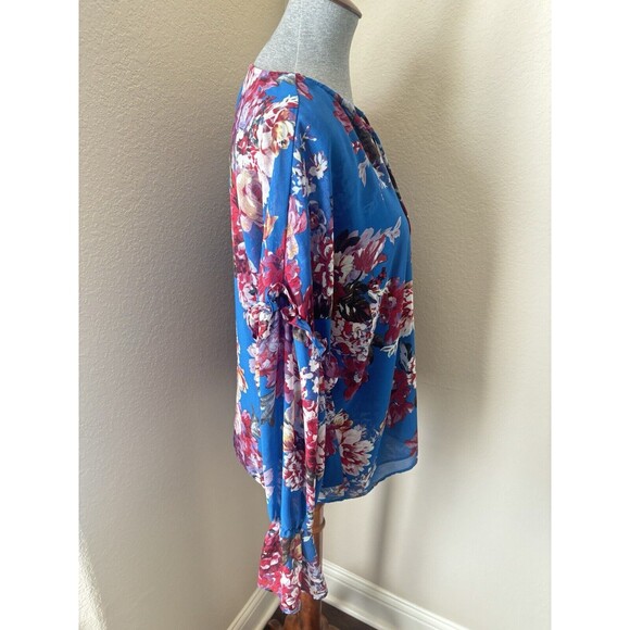 Elie Tahari Size Medium Blue Red Floral Print Ruffle Sleeve Sheer Blouse - Picture 5 of 7